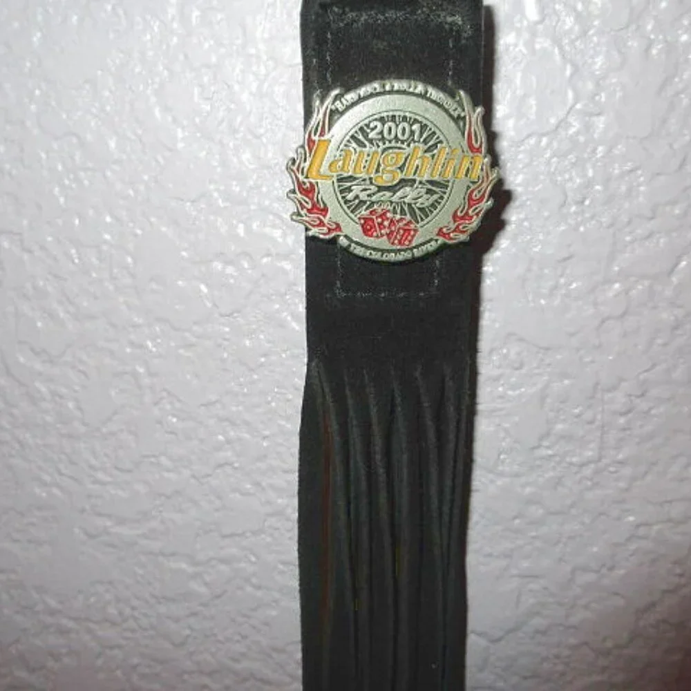 Vtg Y2K Harley Davidson Motorcycle Rally Suede Fringe Keychain 12” Ring Fob 2001